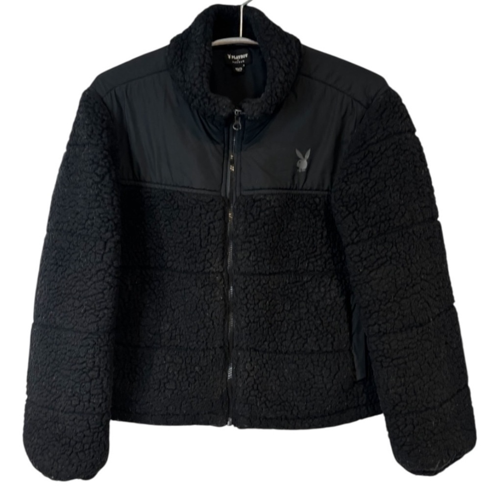 Y2K PLAYBOY by Pacsun Double Header Sherpa Black Fleece Full Zip Jacket, XS/S